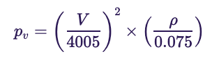 Equation: velocity pressure p_v equals (V divided by 4005) squared, times (air density ρ divided by 0.075)