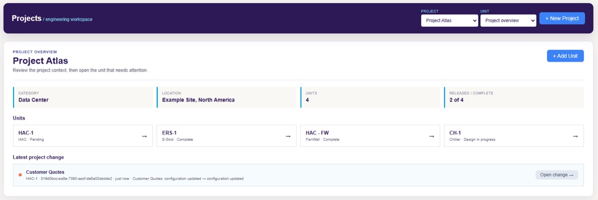 Project Database, Equipment Selection, and Submittal Tool built using CurieOS