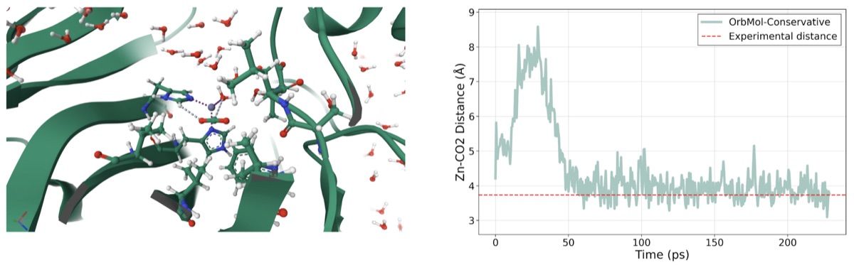 Active site of the carbonic anhydrase enzyme with CO₂ bound to the experimentally observed site and the distance between the CO₂ and zinc over time reproducing the experimentally observed distance.